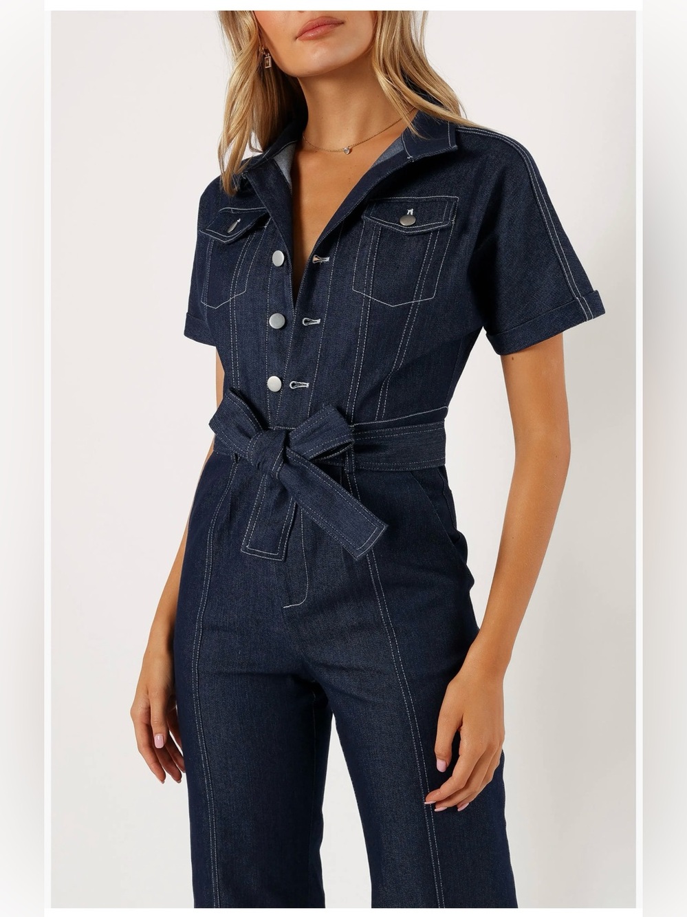Petal & Pup Dark Blue Denim Tie-Waist Jumpsuit Short Sleeve size: S - Picture 3 of 17